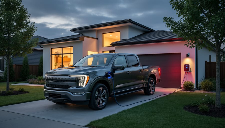 Electric Ford F-150 Lightning connected to home charging station in residential driveway