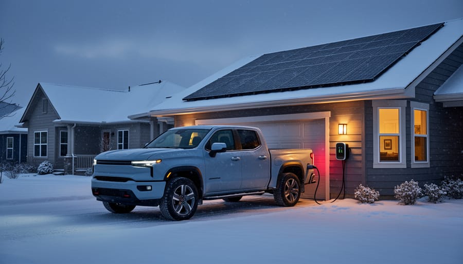 Electric pickup connected to a home’s bidirectional charger in a snowy driveway at dusk, house windows glowing while neighboring homes are dark, with rooftop solar panels visible.
