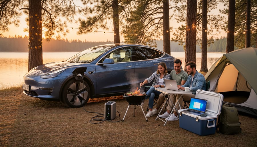 Electric vehicle at campsite powering portable refrigerator and camping equipment through V2L outlet