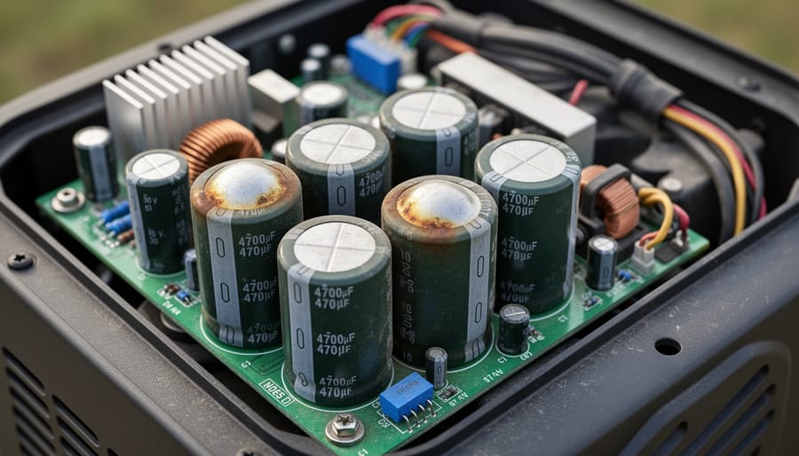 Comparison of failed bulging capacitor next to new replacement capacitor