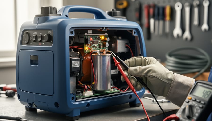 Gloved hand measuring a capacitor with multimeter probes on the exposed inverter circuit board of an open portable generator, with blurred workshop tools behind.
