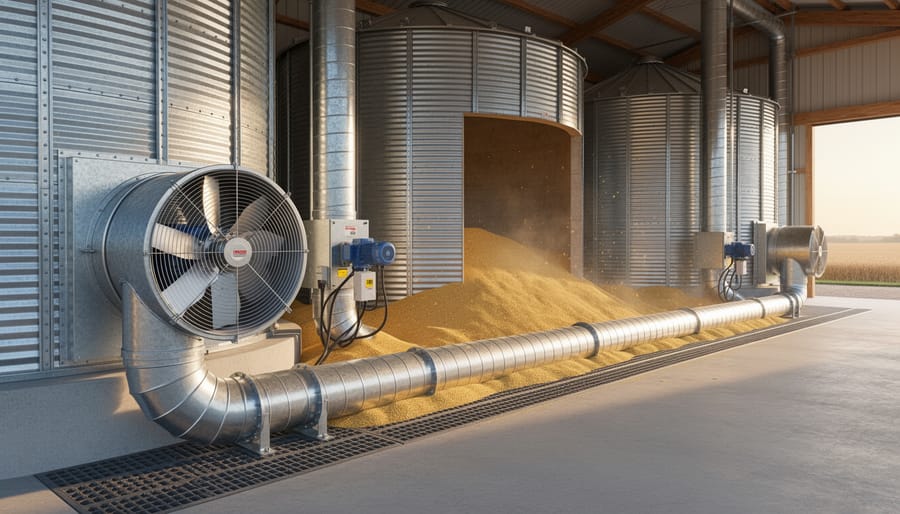 Aeration fan and perforated ductwork installed at grain storage bin base