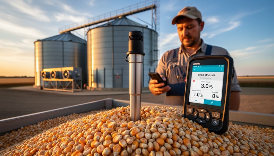 Farmer using moisture meter to test grain moisture content in wheat kernels