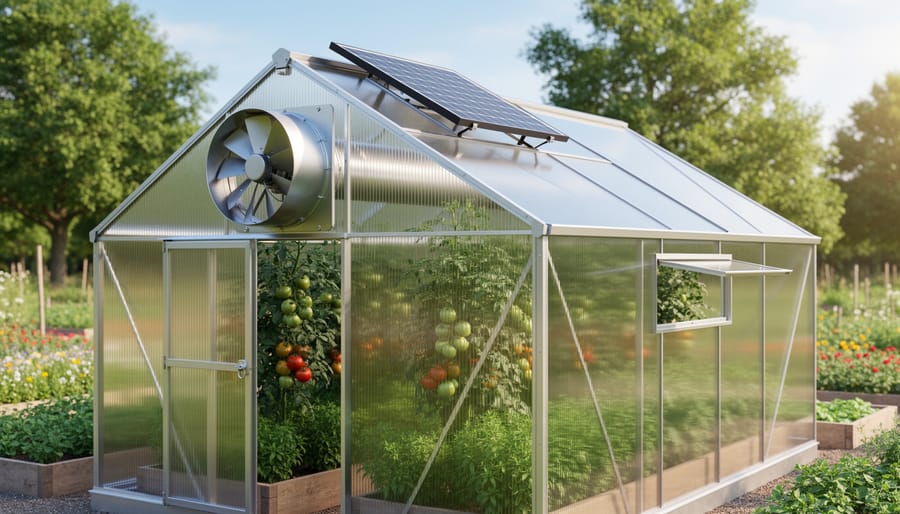 Three-quarter exterior view of a polycarbonate greenhouse with a wall-mounted solar ventilation fan and solar panel on the sunny side; fan spinning, opposite intake vent visible through the structure, with healthy tomato and herb plants inside under bright late-morning light; garden beds and trees behind.