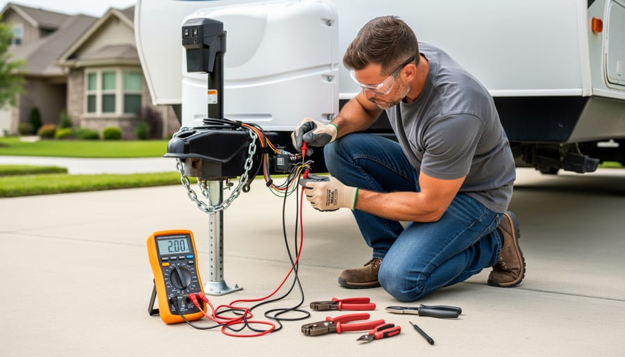 Hands using wire strippers and multimeter to install and test RV connector wiring