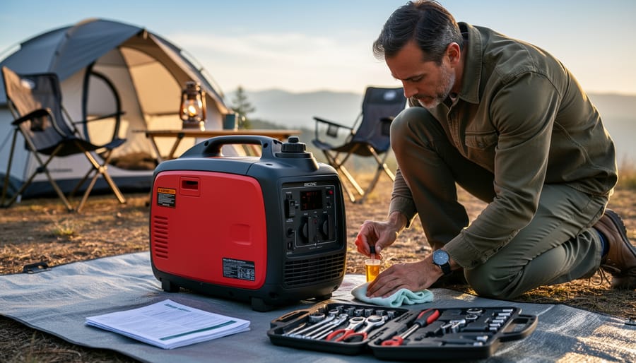 Inverter generator operating at outdoor campsite during evening