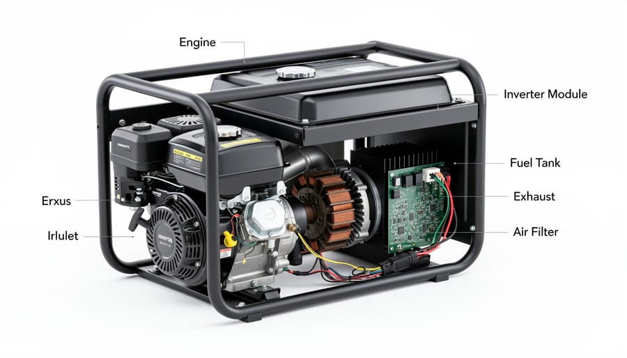 Internal view of inverter generator showing circuit boards, capacitors, and cooling components