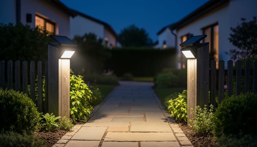 Two solar post lamps showing different brightness levels on driveway at night