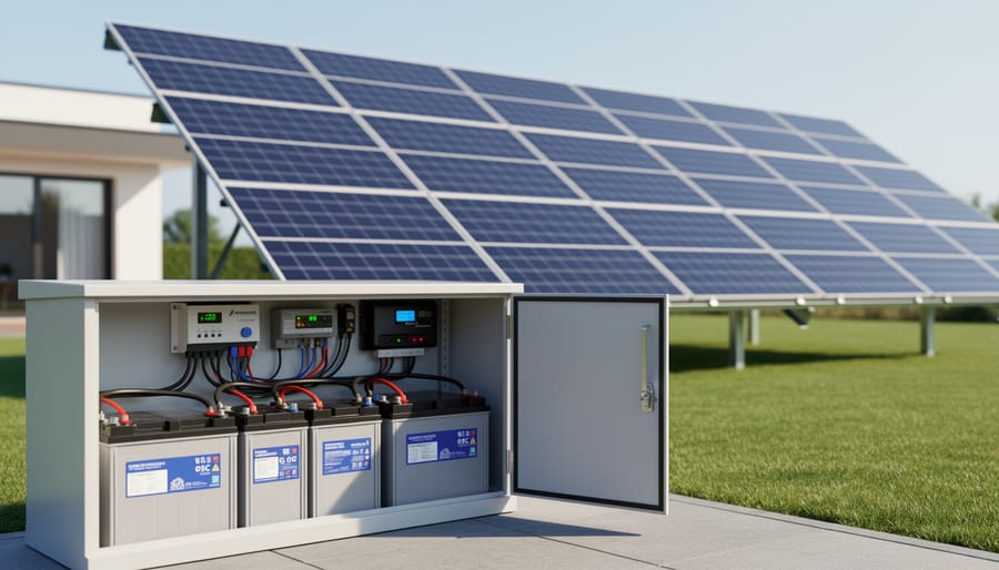 Complete solar installation showing battery bank connected to rooftop solar panels