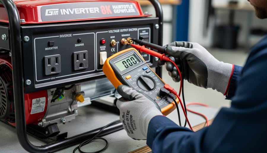 Technician using multimeter to test inverter generator circuit board connections