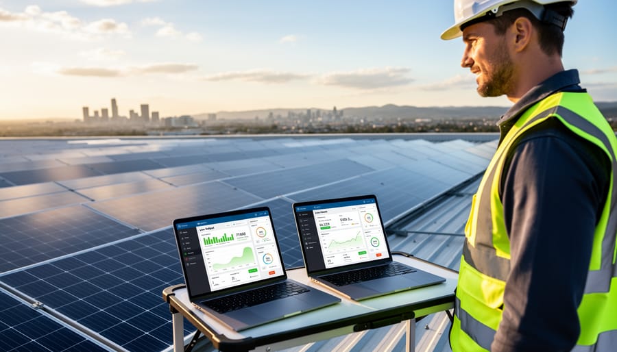 Well-maintained residential solar panel array on rooftop against blue sky