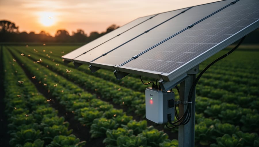 Close-up of solar panel on ultrasonic pest repeller showing photovoltaic cells