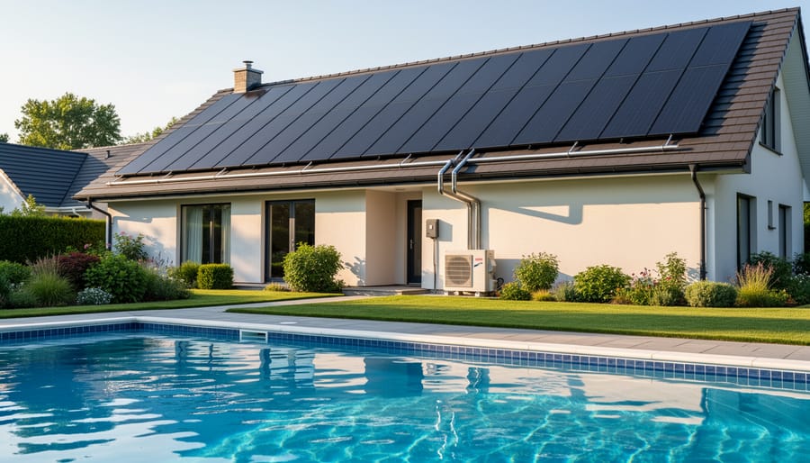 Black solar pool heating mats installed on rooftop with swimming pool in background