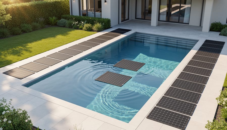 Residential backyard pool with dark solar heating mats on the sunny deck and two mats floating on the water, photographed from a 45-degree overhead angle with the house and landscaping softly visible in the background.