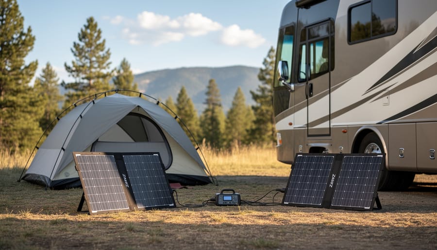 Person connecting portable Zamp solar panel at campsite