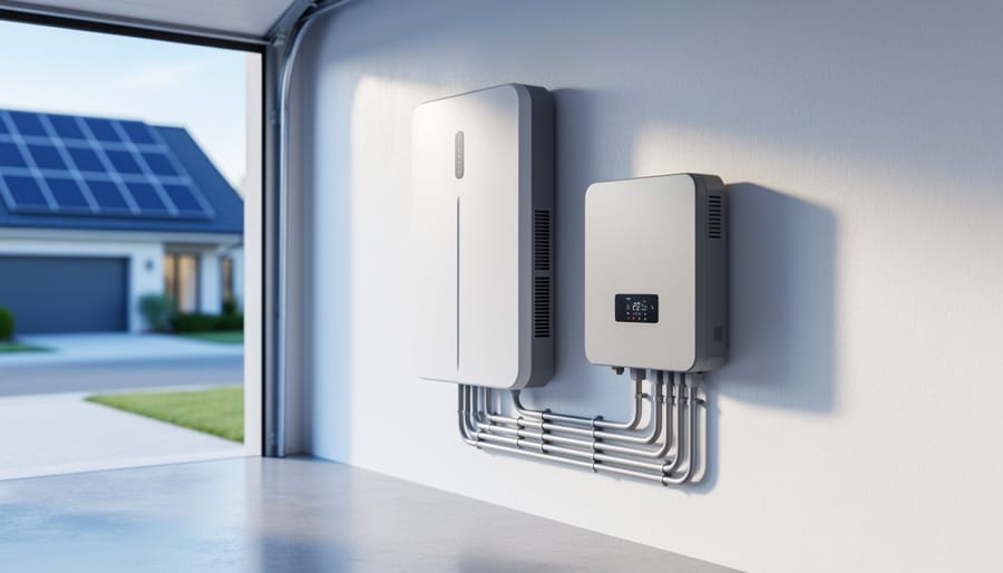 Sleek wall-mounted residential solar battery with inverter and conduit in a bright garage, soft daylight, and rooftop solar panels visible through the open garage door in the background.