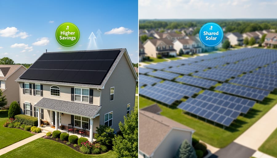 Residential roof showing solar panel installation on sunny side and tree shade on other side