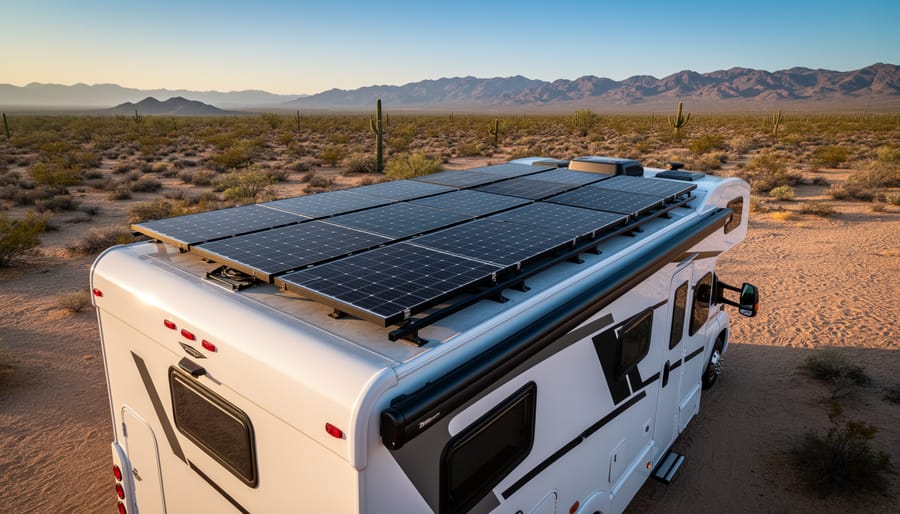 Elevated photo of a modern RV in a desert campsite with its roof covered in multiple solar panels, warm sunset side lighting, sparse cacti and distant mountains visible in the background.