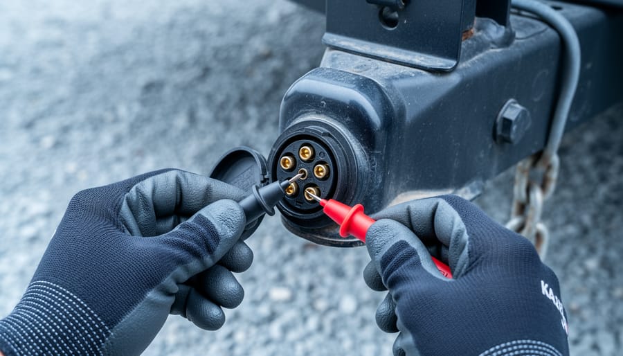 Gloved hands use red and black multimeter probes to test the pins of a 7-way RV trailer socket on a tow vehicle hitch, with the RV trailer A-frame and safety chains softly blurred in the background.