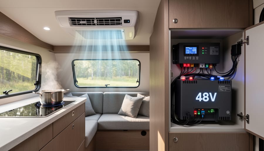 RV interior with air conditioning, induction cooktop, and electronics running simultaneously