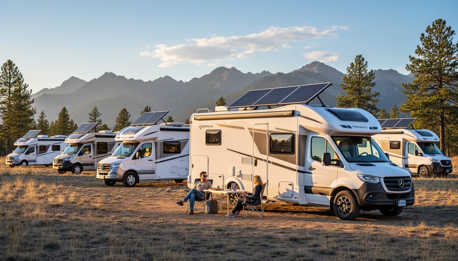 Camper van with roof-mounted solar panels at mountain campsite during golden hour