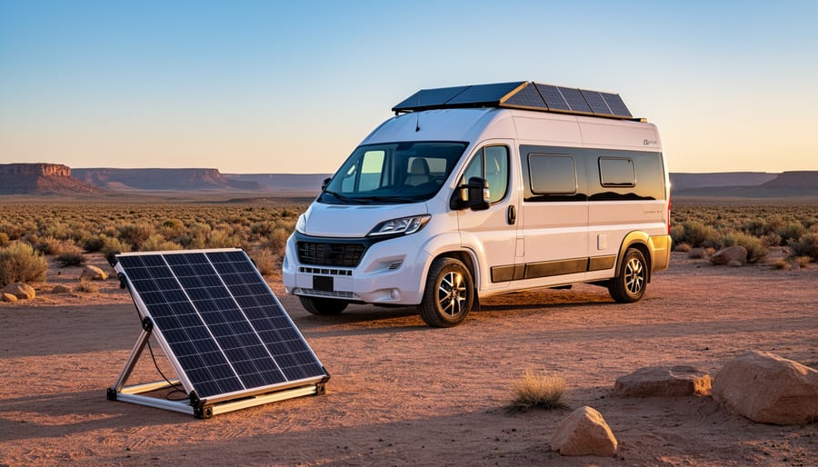 Camper van with rooftop solar panels and a portable tilt-mounted panel at a remote desert campsite during golden hour, viewed from a low three-quarter angle with mesas softly blurred in the background