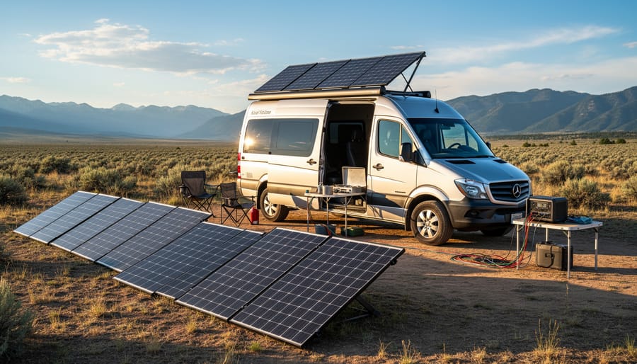 RV with rooftop solar panels parked in desert campground with mountain landscape