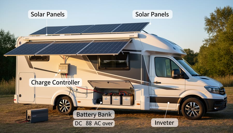 Complete RV solar system components including solar panel, charge controller, battery, and inverter arranged on workbench
