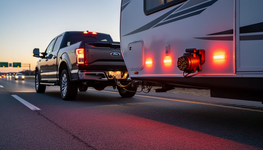 RV trailer being towed on highway with illuminated tail lights and running lights