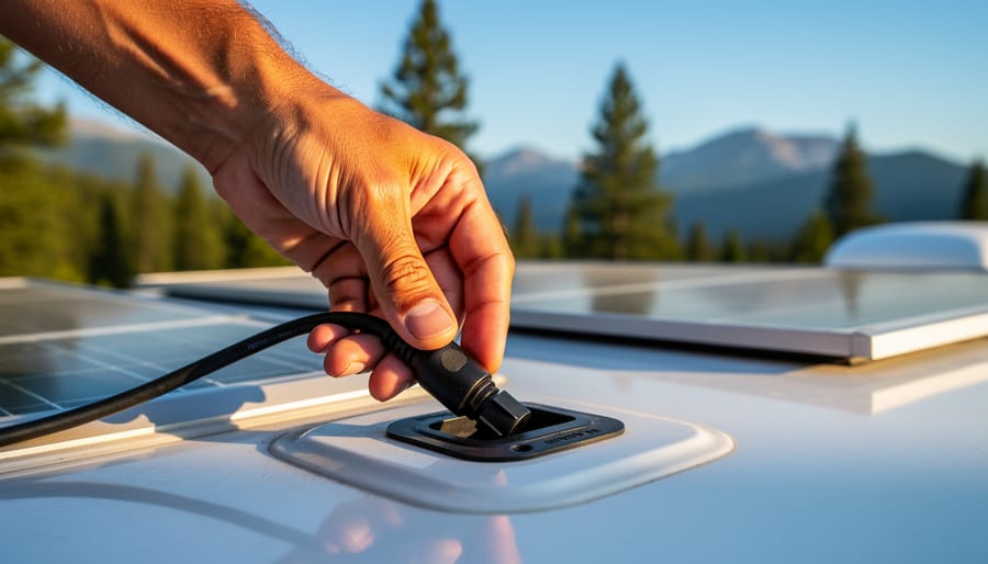 Close-up of a person’s hand inserting a solar quick-connect cable into a weatherproof roof port on an RV under golden hour light, with rooftop panels, pine trees, and distant mountains softly blurred in the background