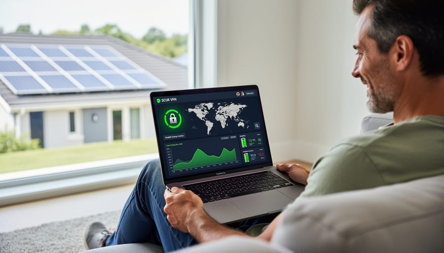 Person using tablet with VPN to securely access solar monitoring system remotely
