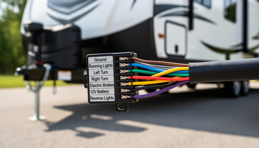 Seven color-coded electrical wires for RV connector arranged showing different insulation colors