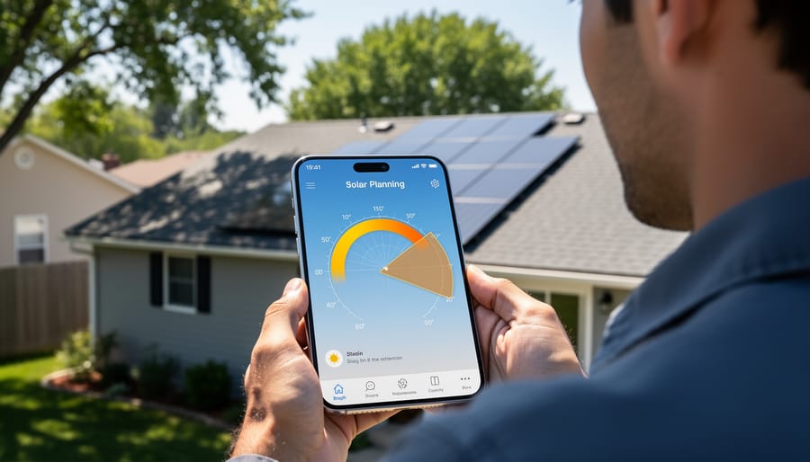 Person using smartphone sun path app to assess solar panel installation site