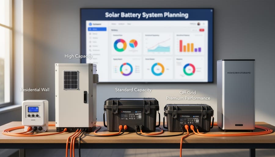 Various types of solar batteries including lead-acid and lithium batteries displayed on workbench