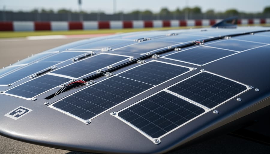 Close-up of monocrystalline solar cells on solar vehicle surface showing detailed grid pattern