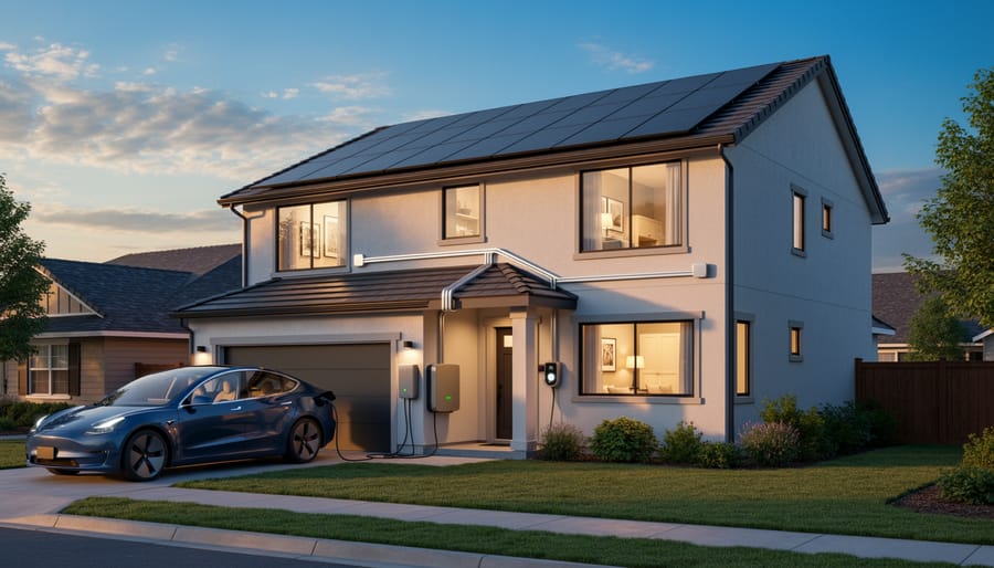 Modern home with rooftop solar panels and electric vehicle charging system in driveway