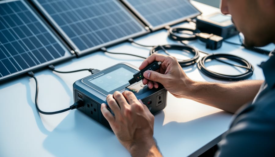 Technician’s hands testing a portable power station connected to foldable solar panels on a tidy lab bench, with unbranded solar equipment blurred in the background.
