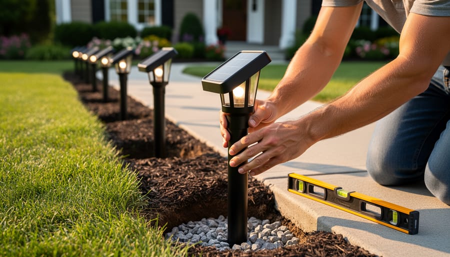 Person installing solar post lamp in ground next to driveway