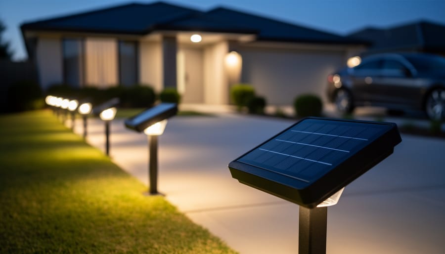 Close-up of solar panel on top of driveway post lamp showing crystalline cells