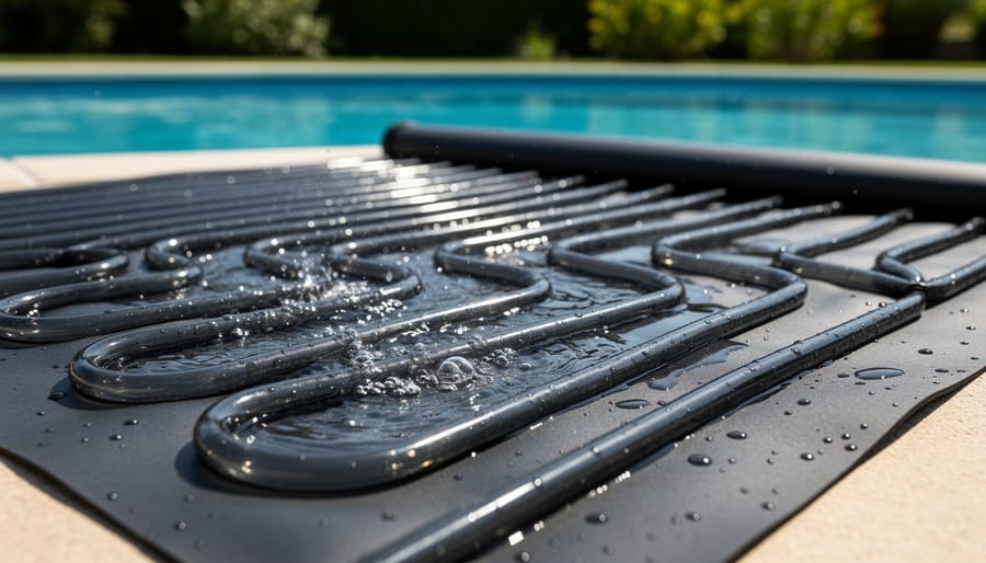 Close-up of water flowing through black solar pool heating mat channels in sunlight