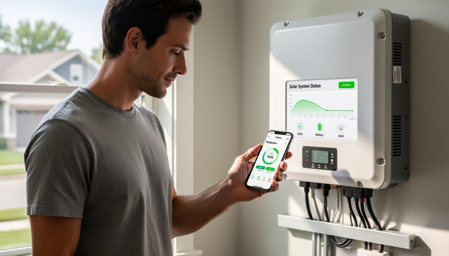 Person using smartphone app to monitor commercial solar inverter performance data