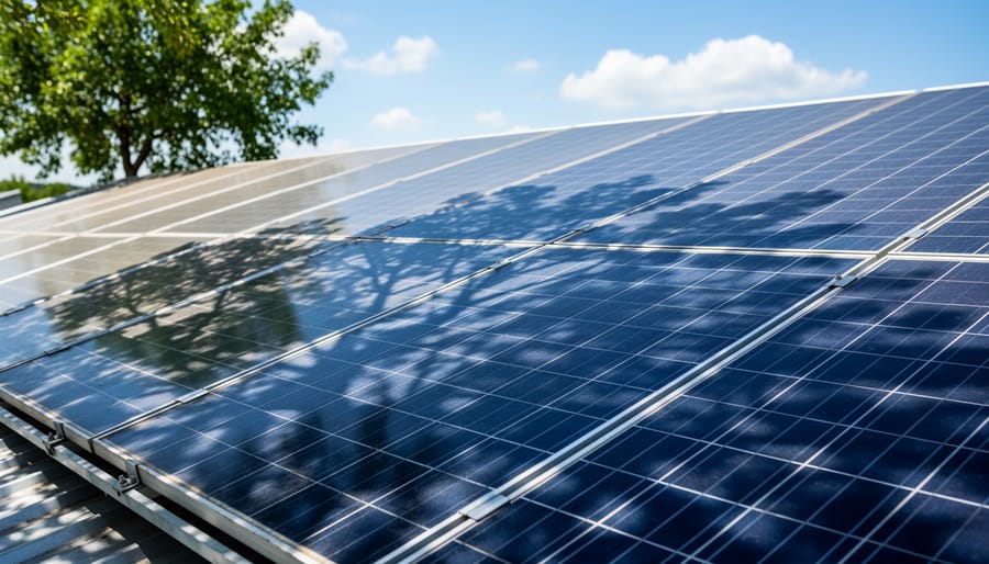 Solar panels on residential roof with tree shadow covering several panels
