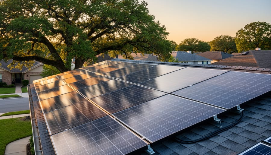Suburban house rooftop solar panels with a sweeping oak tree shadow covering several modules under warm late-afternoon light, with neighboring rooftops and sky softly visible in the background.