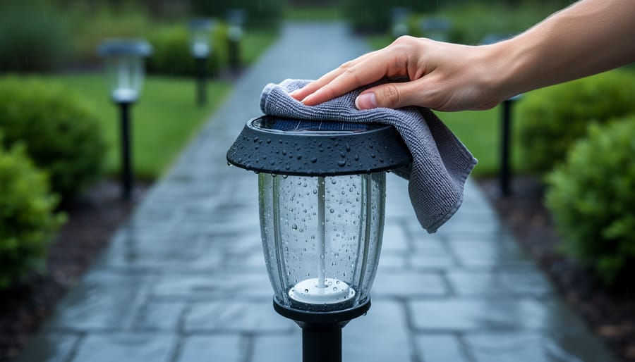 Close-up of a hand wiping raindrops from the solar panel on a garden pathway light with a microfiber cloth, soft overcast daylight, subtle condensation visible inside the clear lens, and a blurred wet garden path with other lights behind.