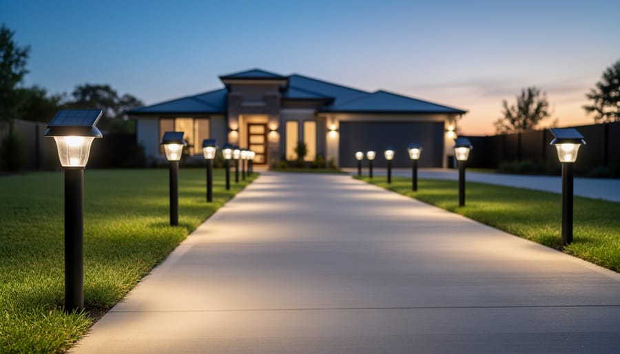 Solar post lamps illuminating residential driveway at dusk
