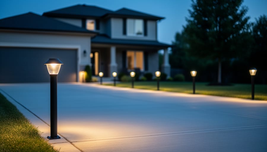 Low-angle wide view of a residential driveway at dusk with evenly spaced solar post lamps casting overlapping warm pools of light toward a suburban house, with garage and trees softly in the background.