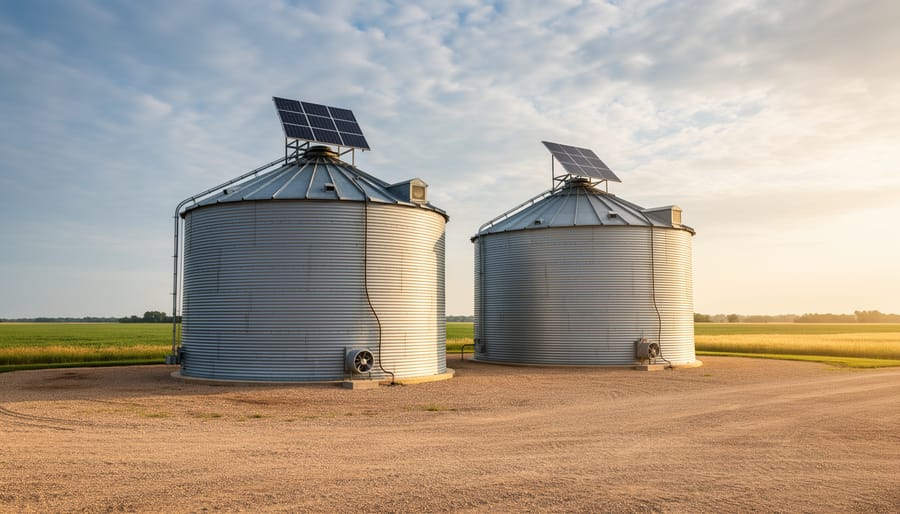 Two galvanized grain bins with small solar panels on top and visible vent housings, photographed at golden hour on a farm with open fields and a distant tree line in the background.