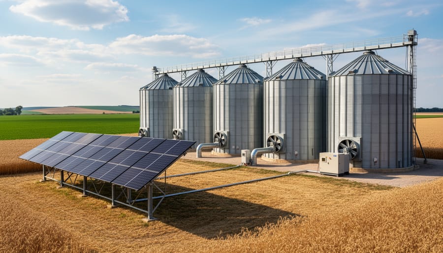 Grain storage bin with solar panel array mounted nearby for powering aeration system