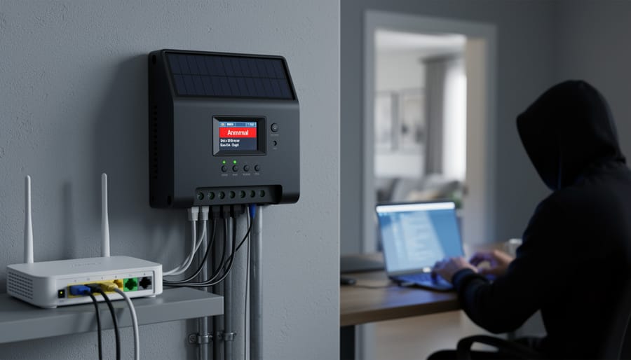 Smartphone showing solar monitoring app with home network devices in background