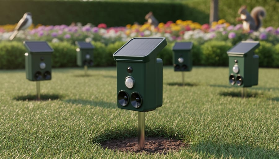 Solar-powered ultrasonic pest repeller device mounted on stake in garden